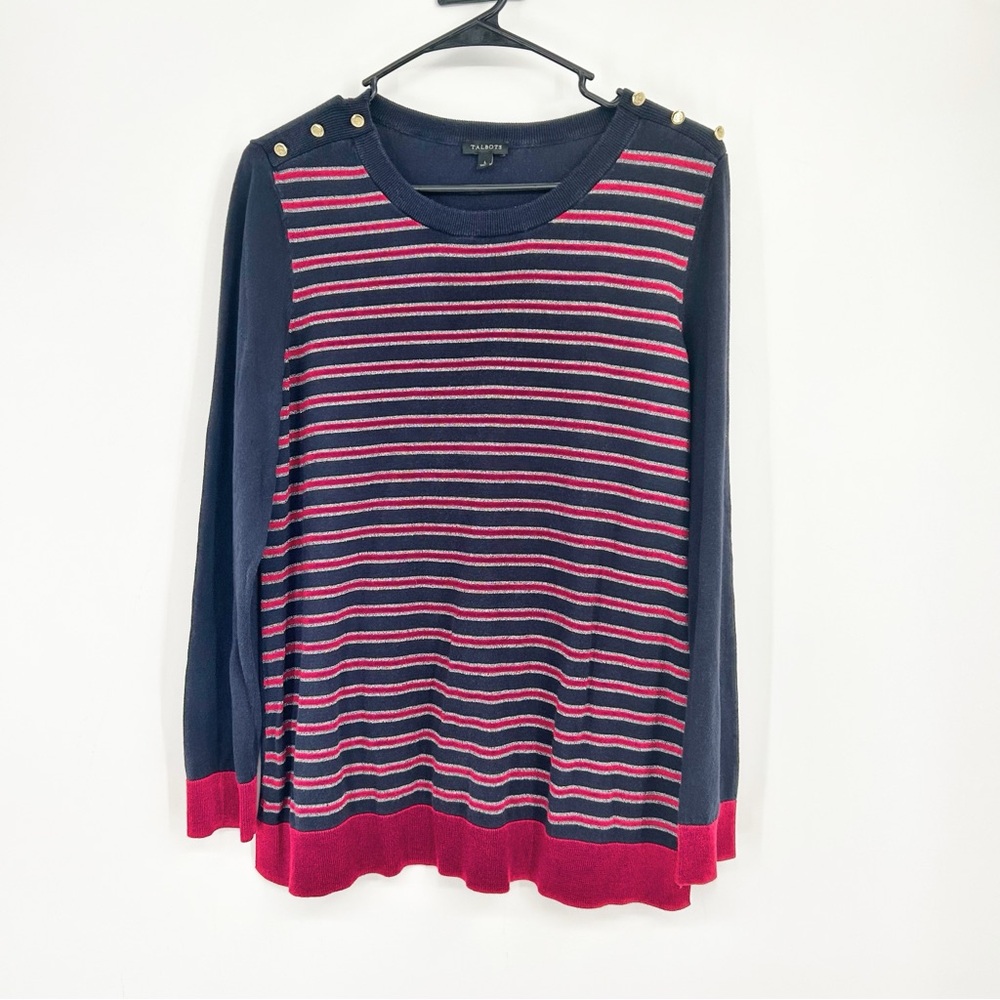 Talbots‎ Navy & Red Striped Scoop Neck Sweater Size Large Gold Button Detailing